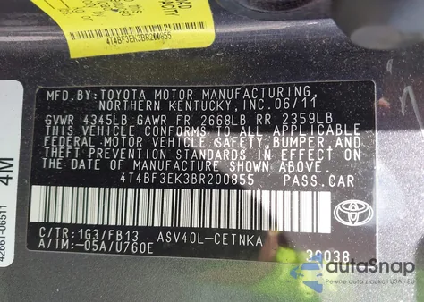 2011 Toyota Camry Le из США, поврежденный, VIN 4T4BF3EK3BR200855